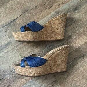 Badgley Mischka blue snake-like and cork wedge - size 6.5
